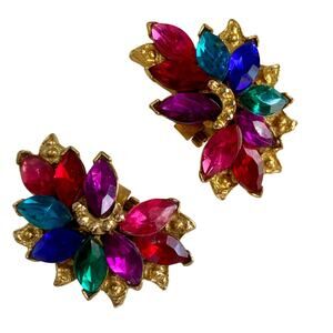 Vintage 50s Bluette Made in France Color Rhinestone Gold Shoe Accessory Clips